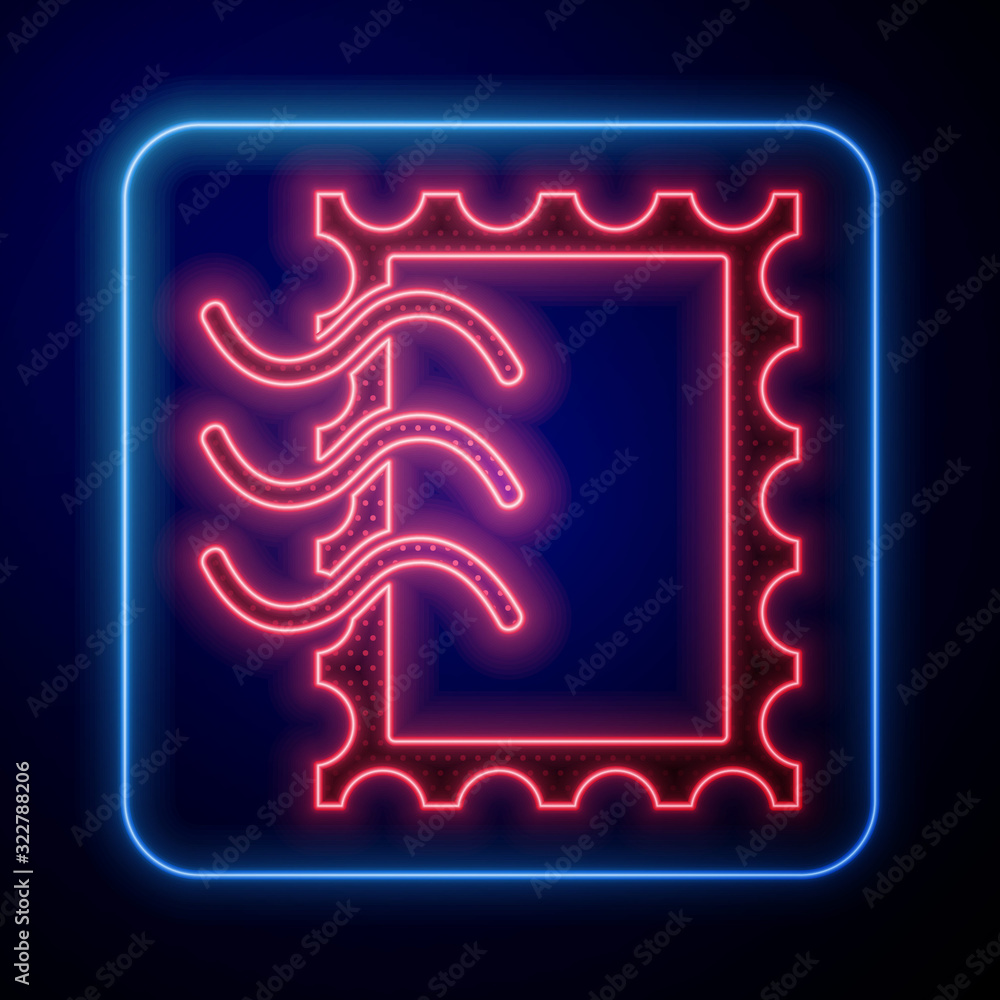 Glowing neon Postal stamp icon isolated on blue background.  Vector Illustration