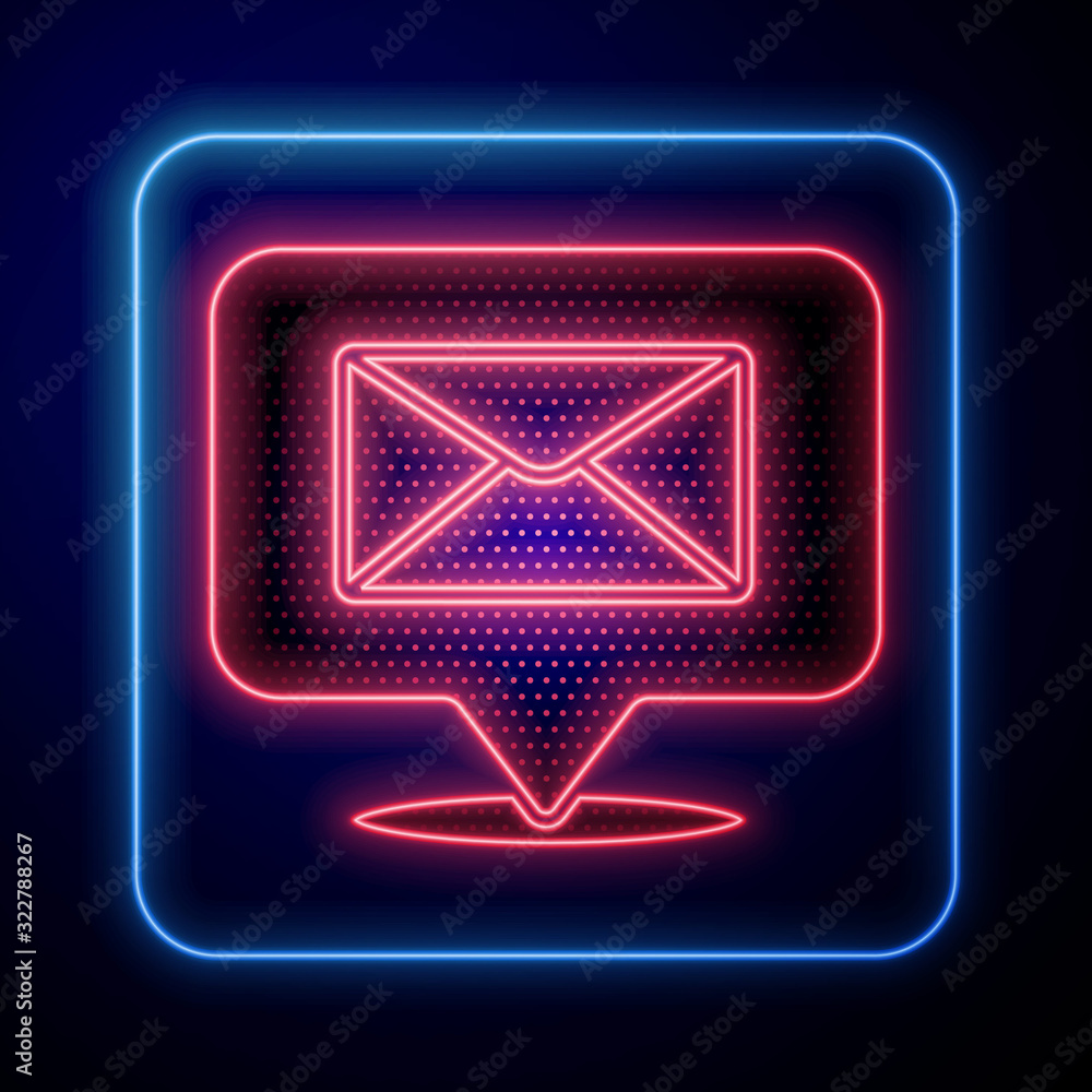 Glowing neon Speech bubble with envelope icon isolated on blue background.  Vector Illustration