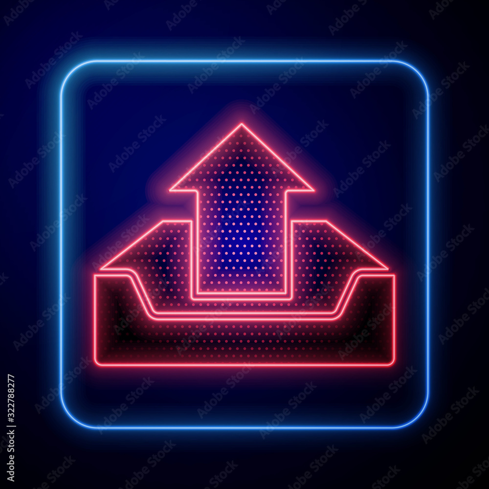 Glowing neon Upload inbox icon isolated on blue background.  Vector Illustration