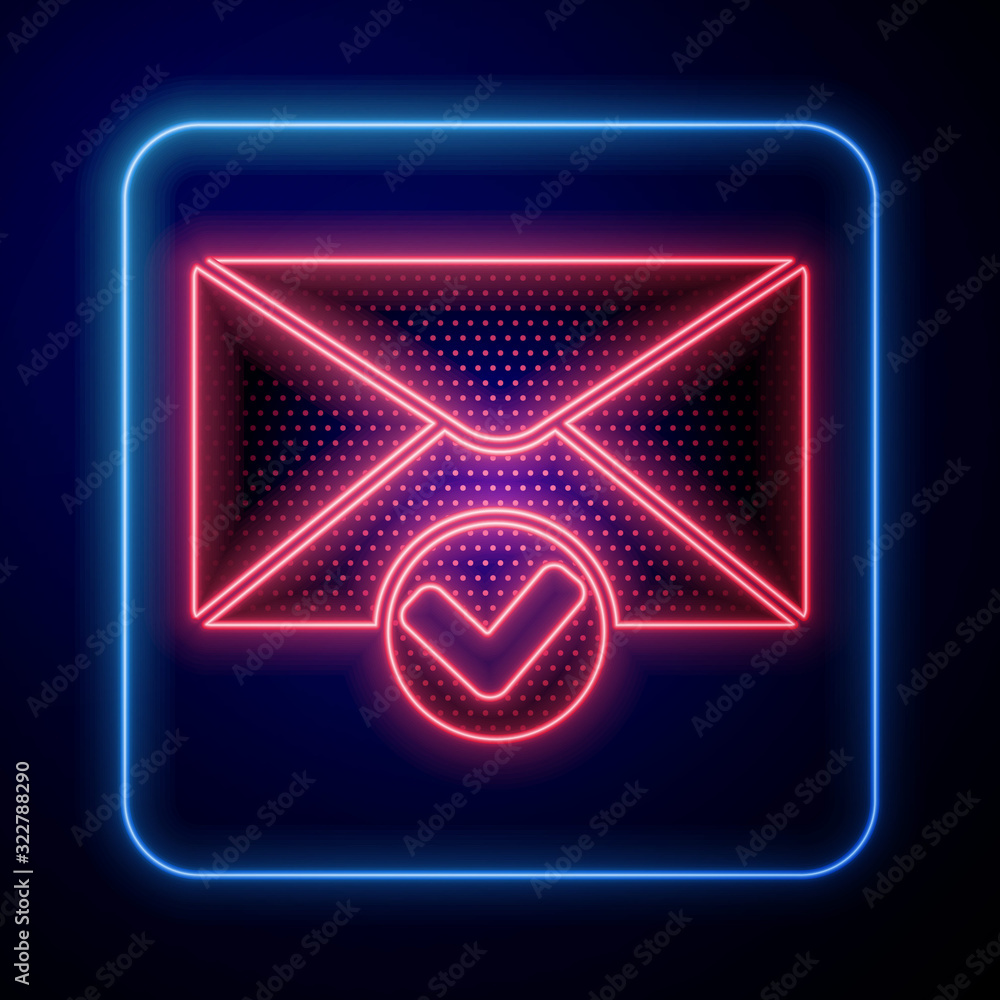 Glowing neon Envelope and check mark icon isolated on blue background. Successful e-mail delivery, e