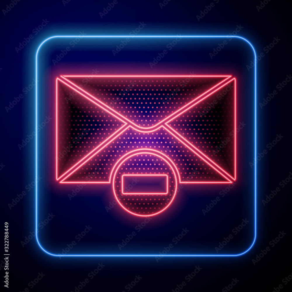 Glowing neon Delete envelope icon isolated on blue background. Delete or error letter. Cross on mess