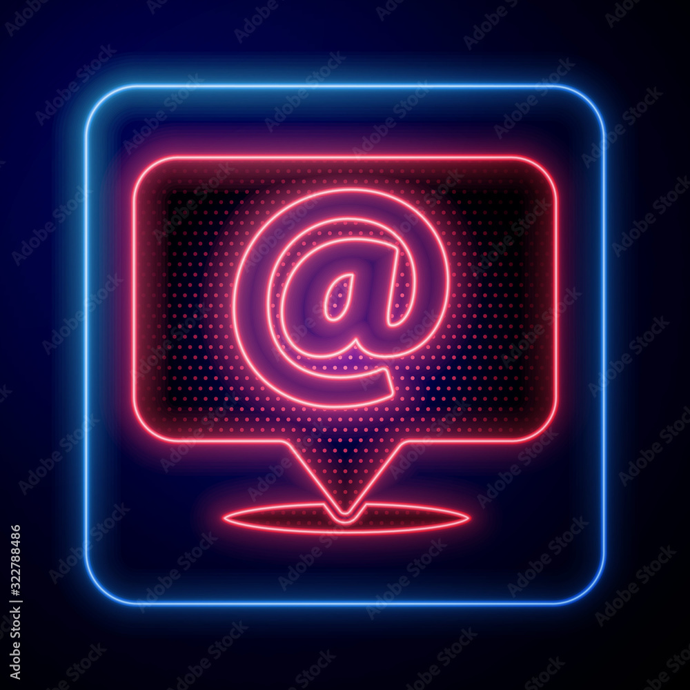 Glowing neon Mail and e-mail on speech bubble icon isolated on blue background. Envelope symbol e-ma