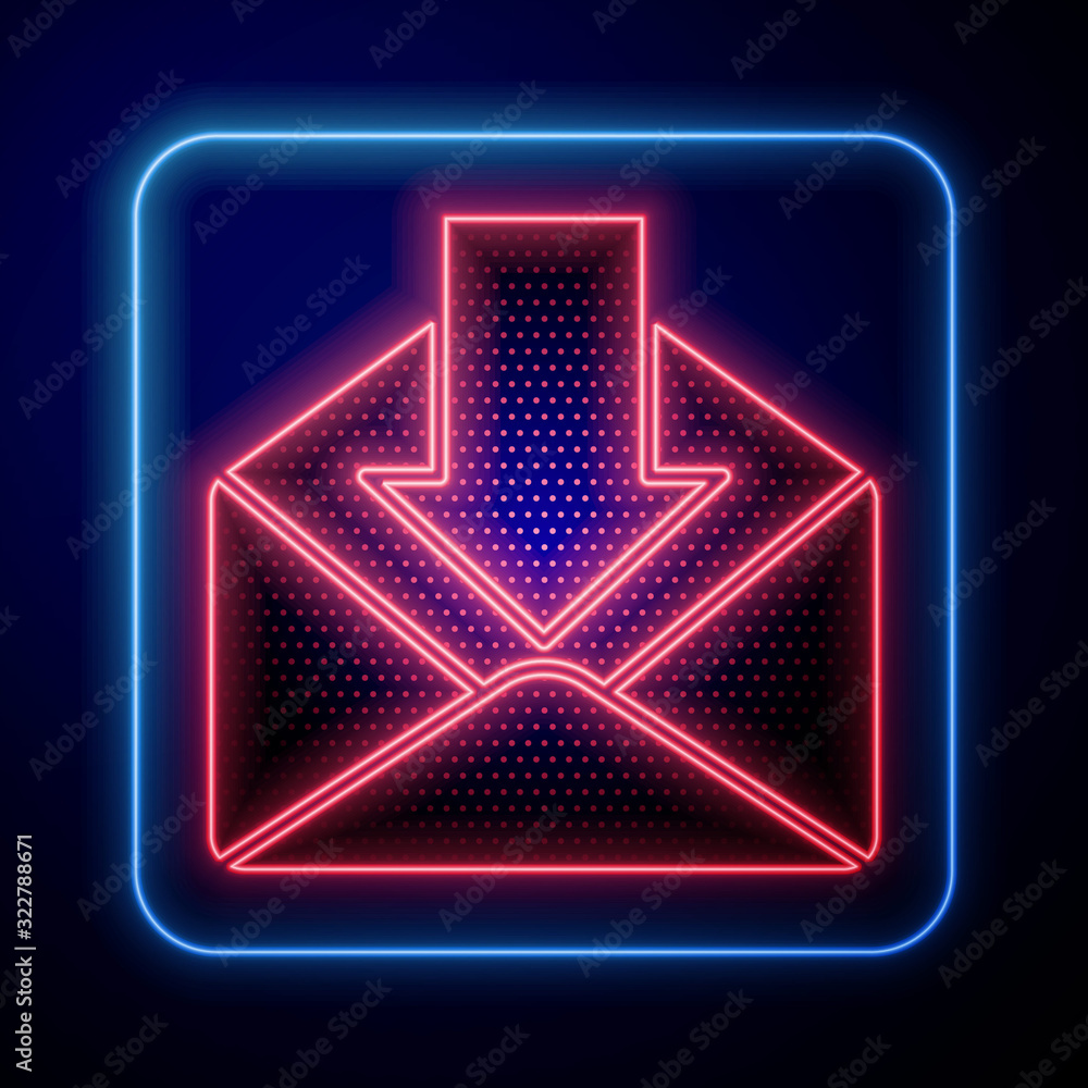 Glowing neon Envelope icon isolated on blue background. Received message concept. New, email incomin