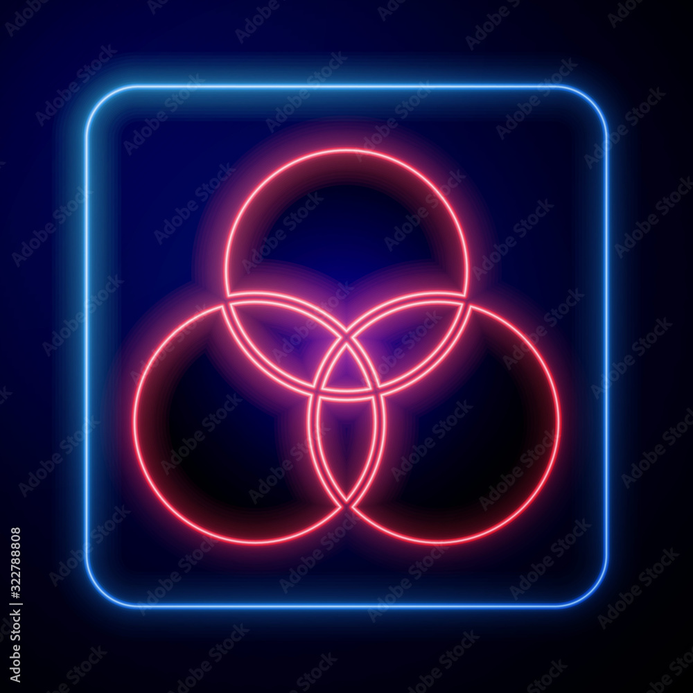 Glowing neon RGB and CMYK color mixing icon isolated on blue background.  Vector Illustration