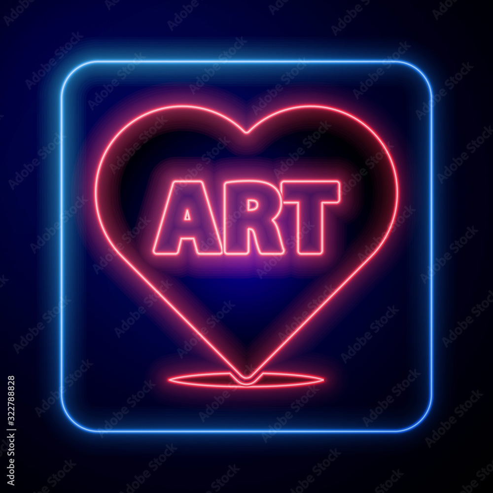 Glowing neon Heart with text art icon isolated on blue background.  Vector Illustration