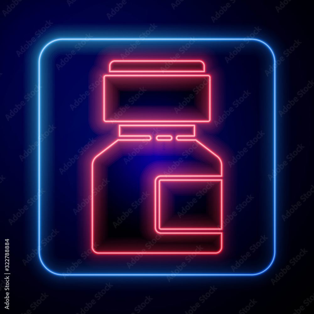 Glowing neon Paint, gouache, jar, dye icon isolated on blue background.  Vector Illustration