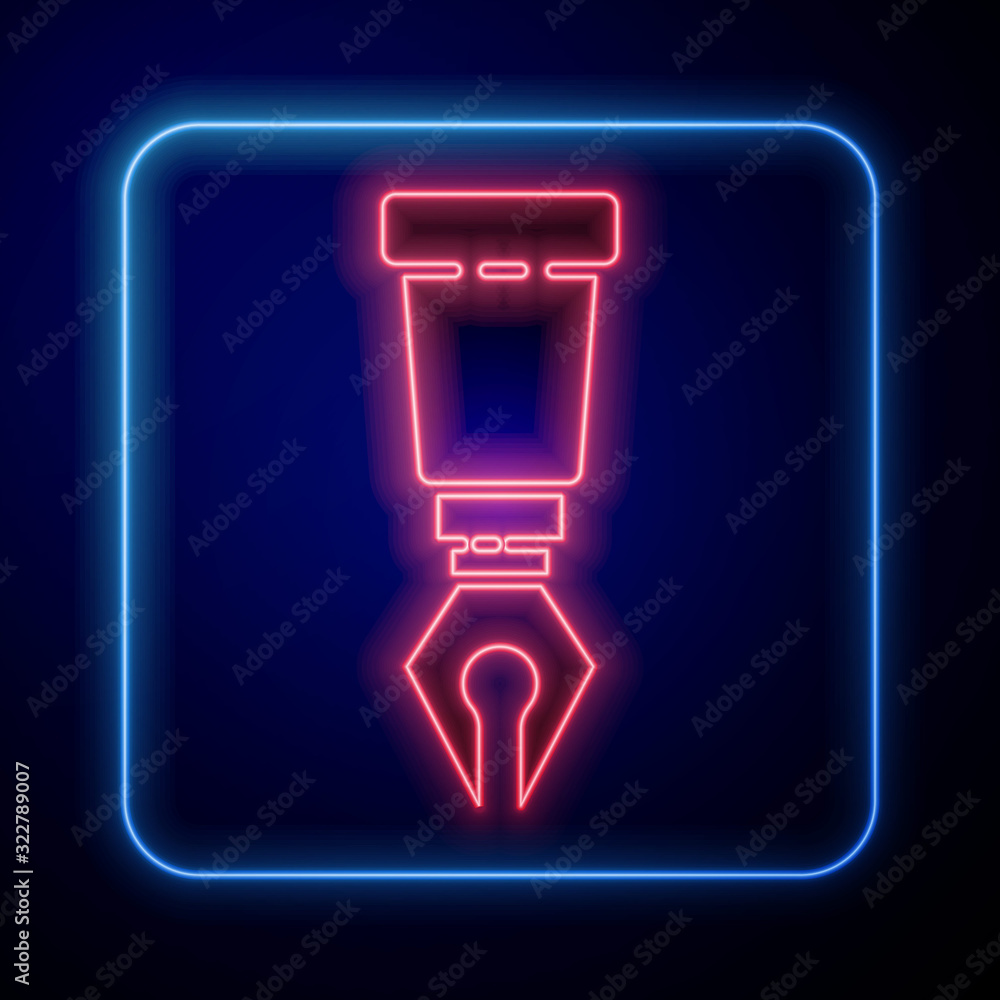 Glowing neon Fountain pen nib icon isolated on blue background. Pen tool sign.  Vector Illustration