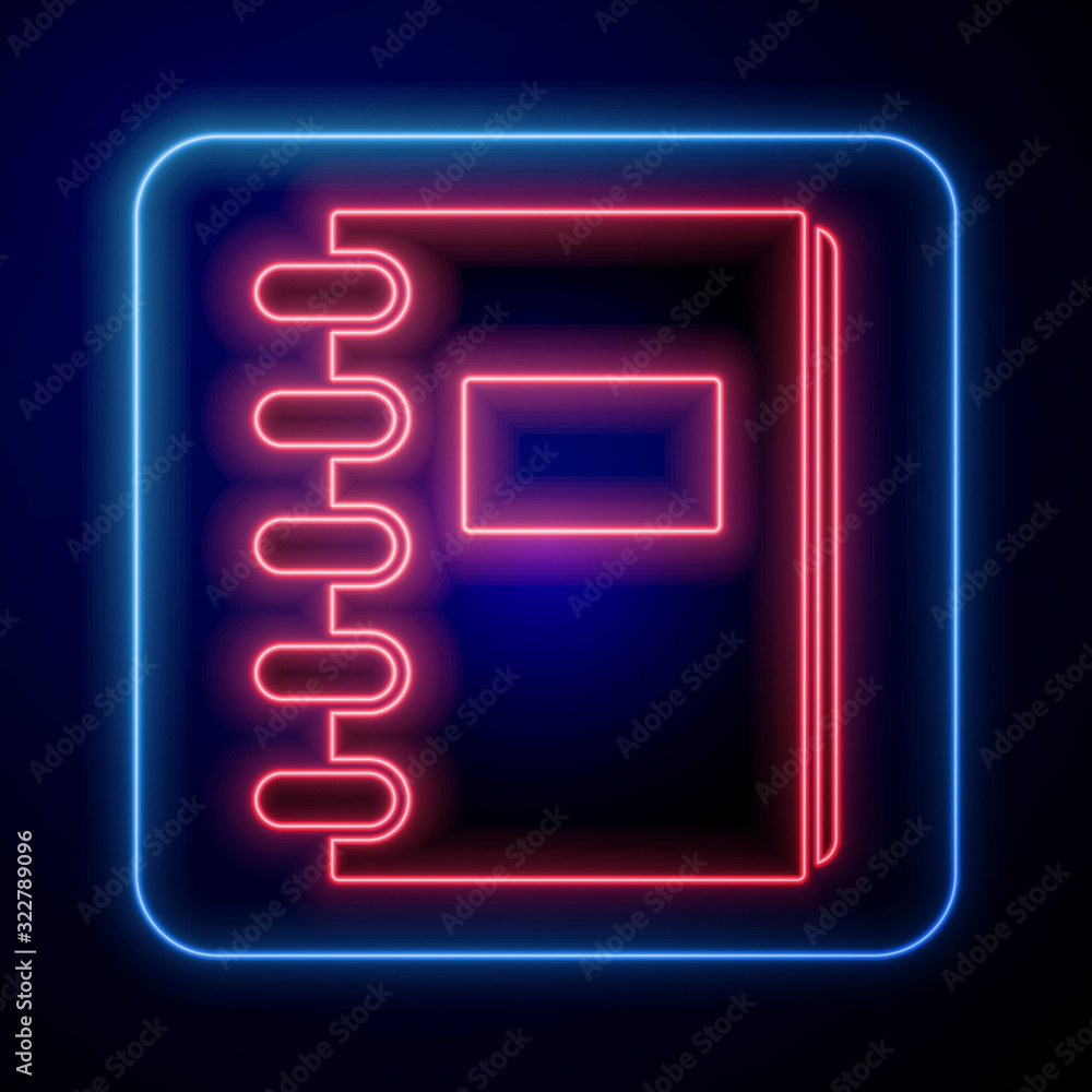 Glowing neon Notebook icon isolated on blue background. Spiral notepad icon. School notebook. Writin