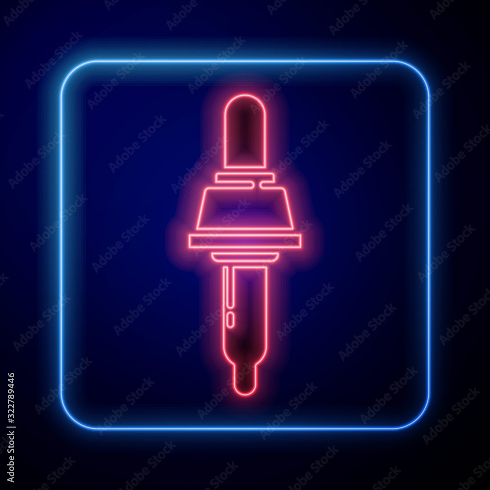 Glowing neon Pipette icon isolated on blue background. Element of medical, chemistry lab equipment. 