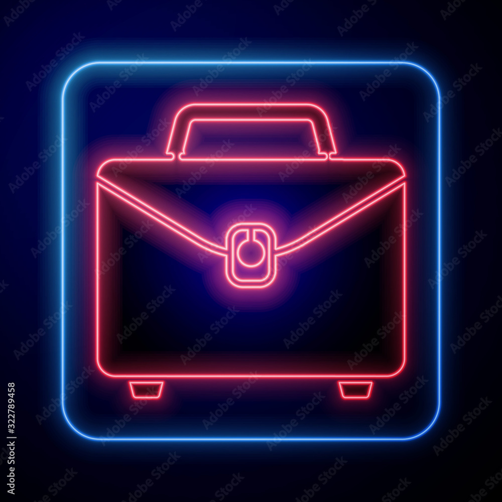 Glowing neon Briefcase icon isolated on blue background. Business case sign. Business portfolio.  Ve