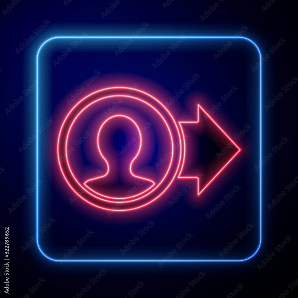 Glowing neon Job promotion icon isolated on blue background. Success, achievement, motivation busine