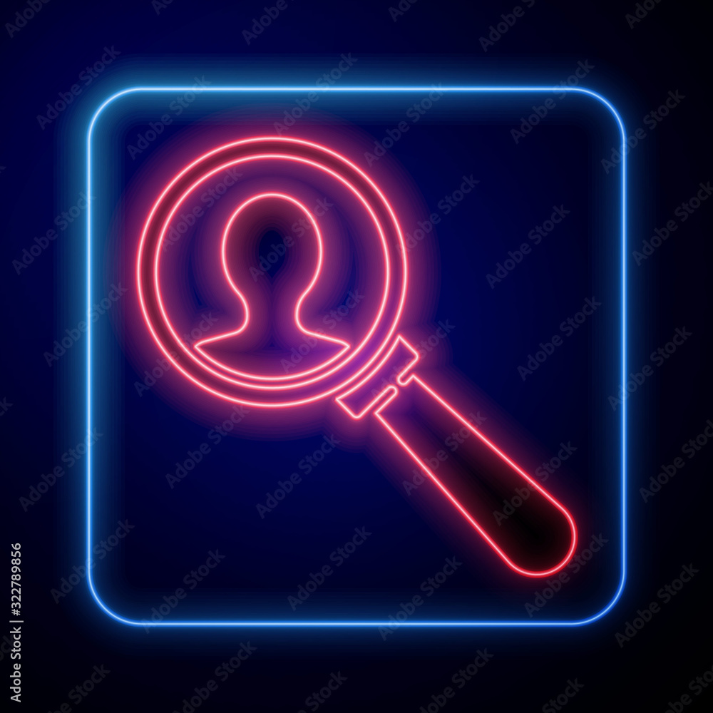 Glowing neon Magnifying glass for search a people icon isolated on blue background. Recruitment or s