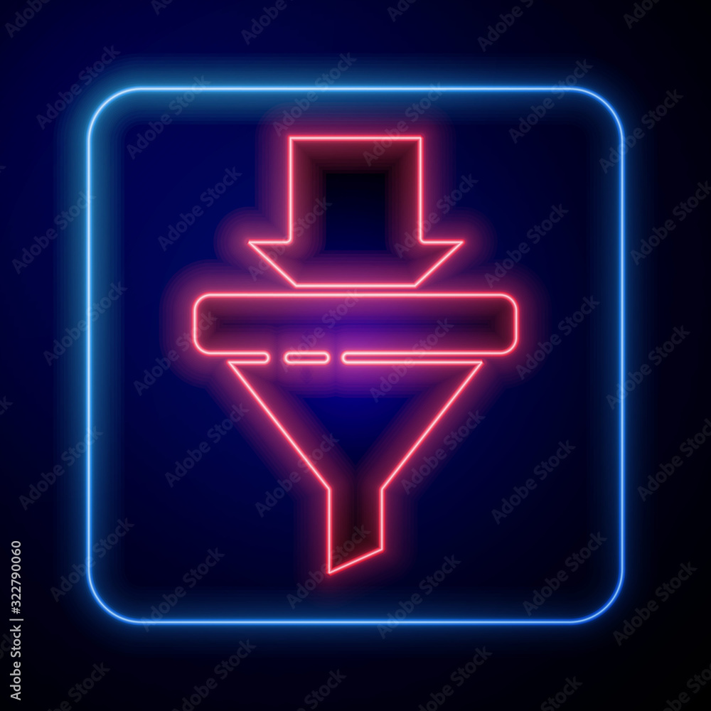 Glowing neon Sales funnel with arrows for marketing and startup business icon isolated on blue backg