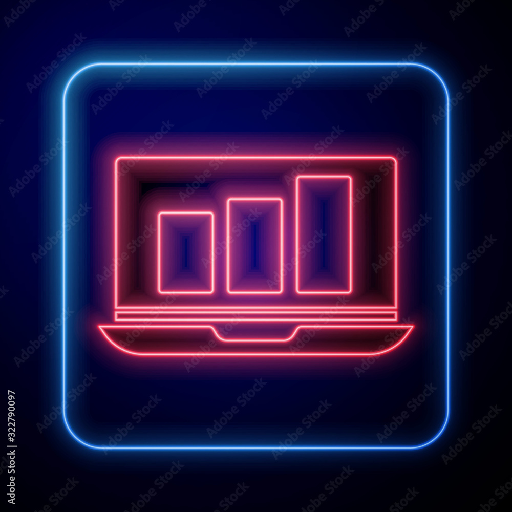 Glowing neon Laptop with graph chart icon isolated on blue background. Report text file icon. Accoun