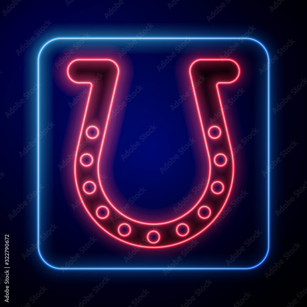 Glowing neon Horseshoe icon isolated on blue background.  Vector Illustration