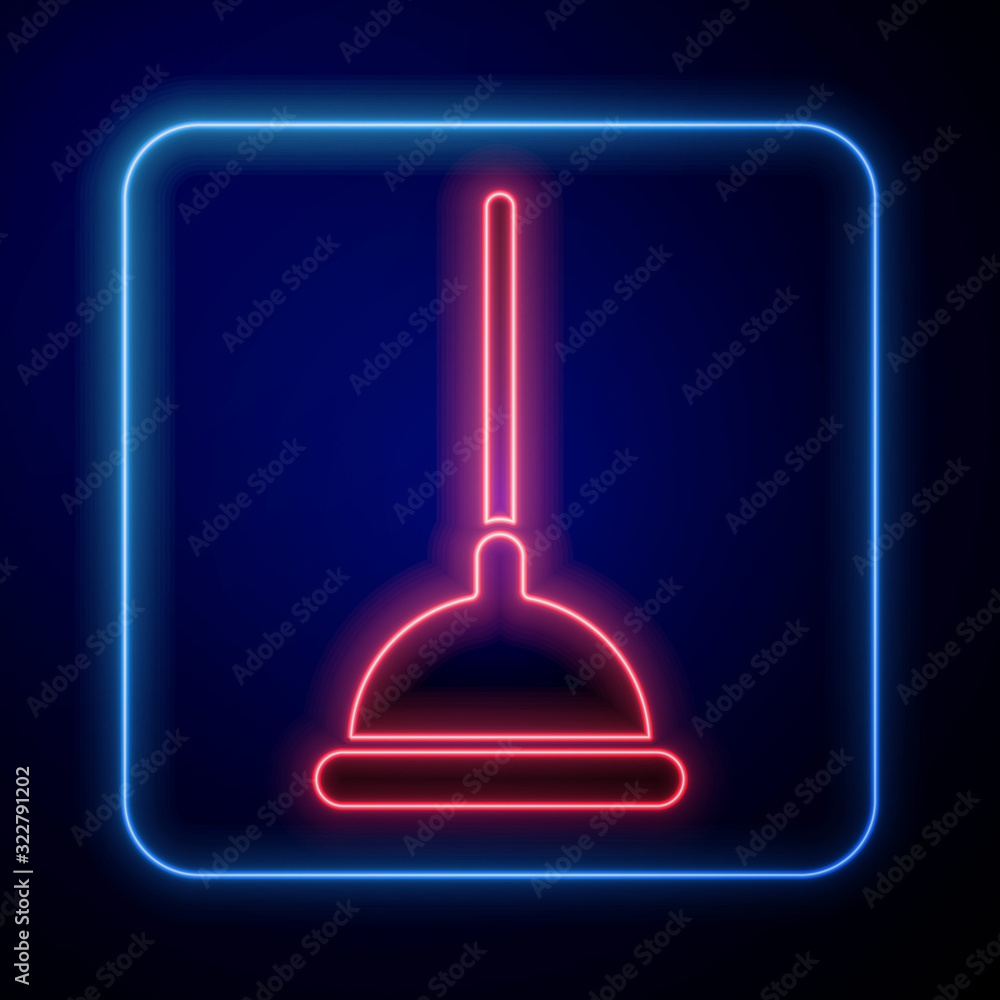 Glowing neon Rubber plunger with wooden handle for pipe cleaning icon isolated on blue background. T