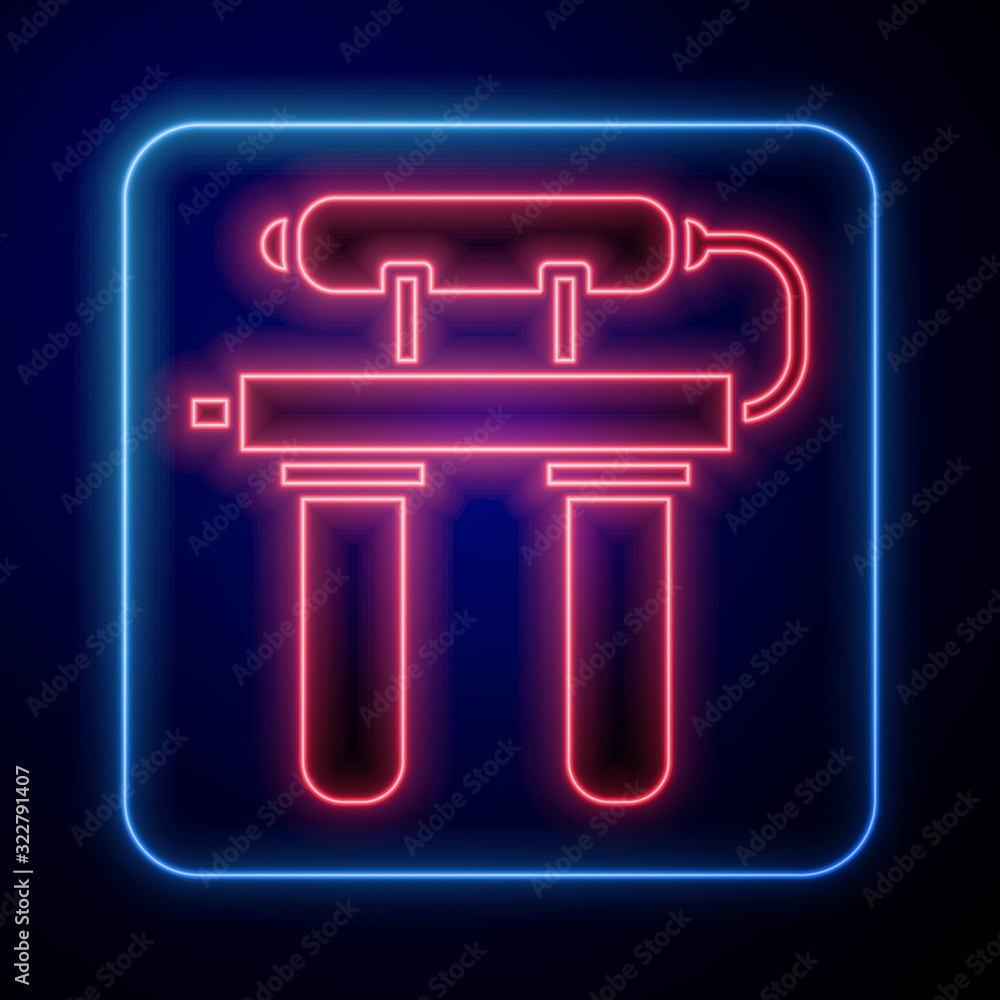 Glowing neon Water filter icon isolated on blue background. System for filtration of water. Reverse 