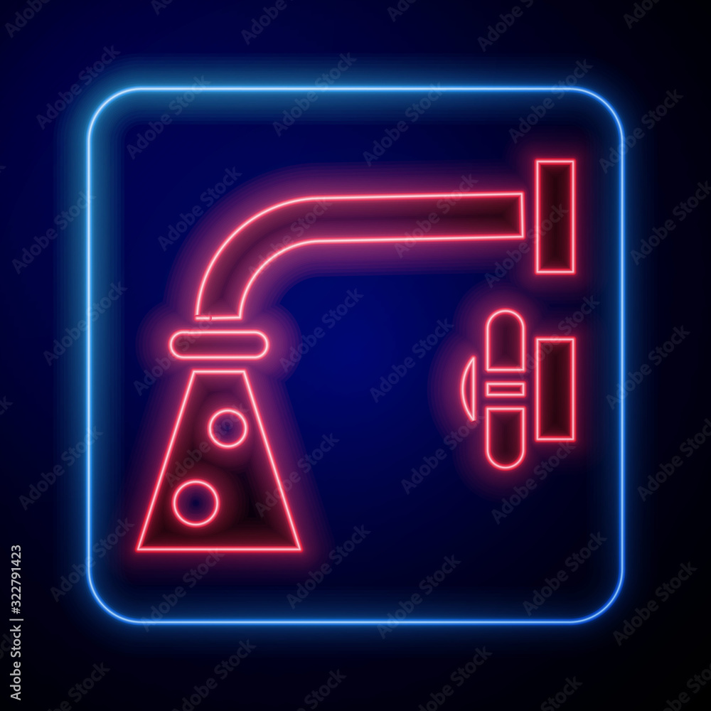 Glowing neon Water tap icon isolated on blue background.  Vector Illustration