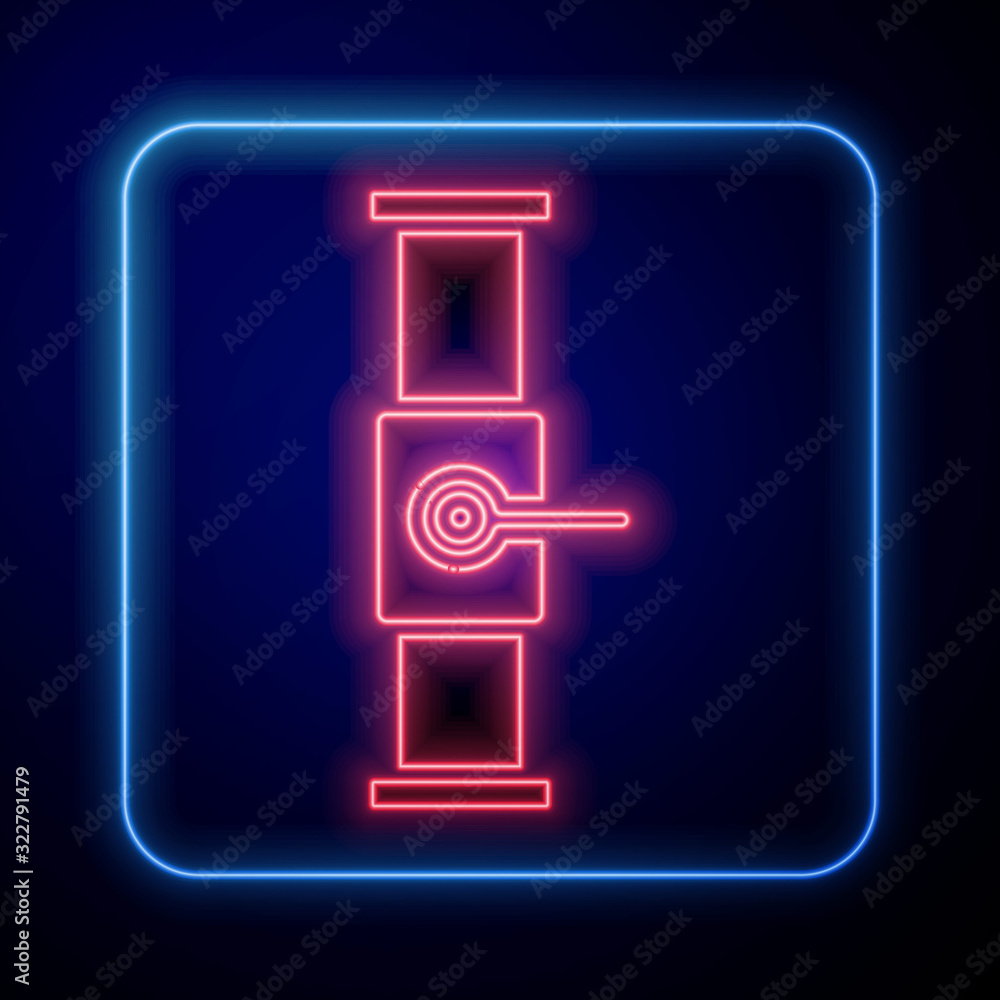 Glowing neon Industry metallic pipe and valve icon isolated on blue background.  Vector Illustration