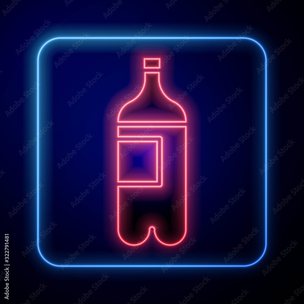 Glowing neon Bottle of water icon isolated on blue background. Soda aqua drink sign.  Vector Illustr