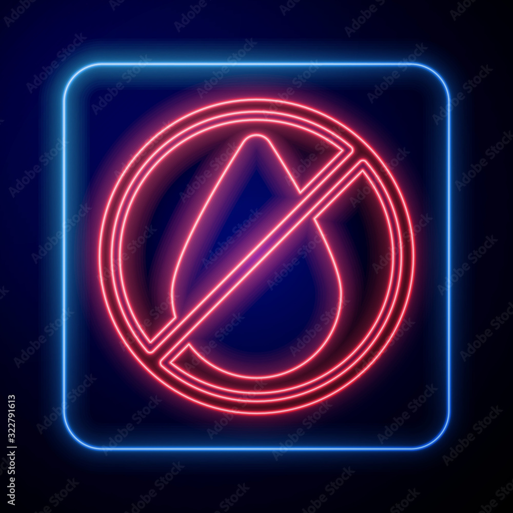 Glowing neon Water drop forbidden icon isolated on blue background. No water sign.  Vector Illustrat