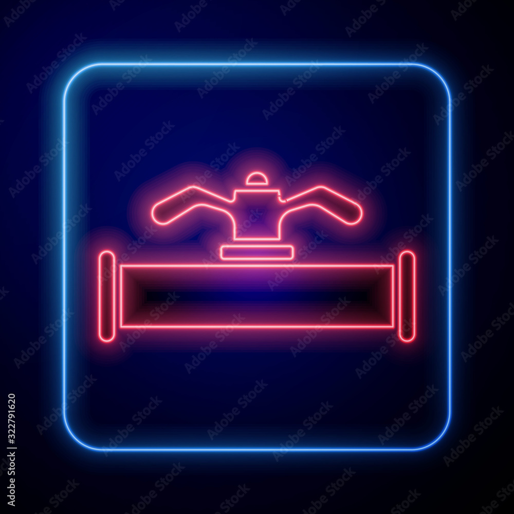 Glowing neon Industry metallic pipe and valve icon isolated on blue background.  Vector Illustration