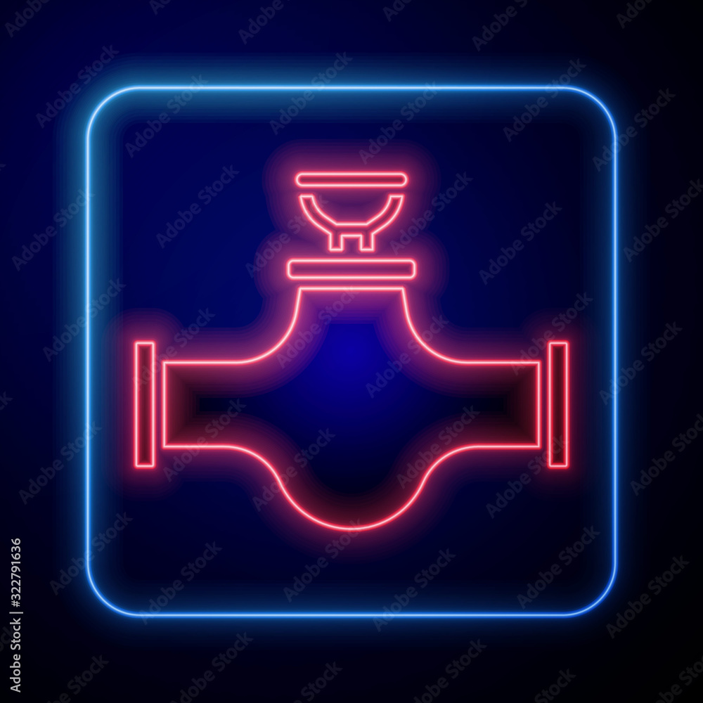 在蓝色背景上隔离的发光霓虹灯工业金属管道和阀门图标。矢量插图