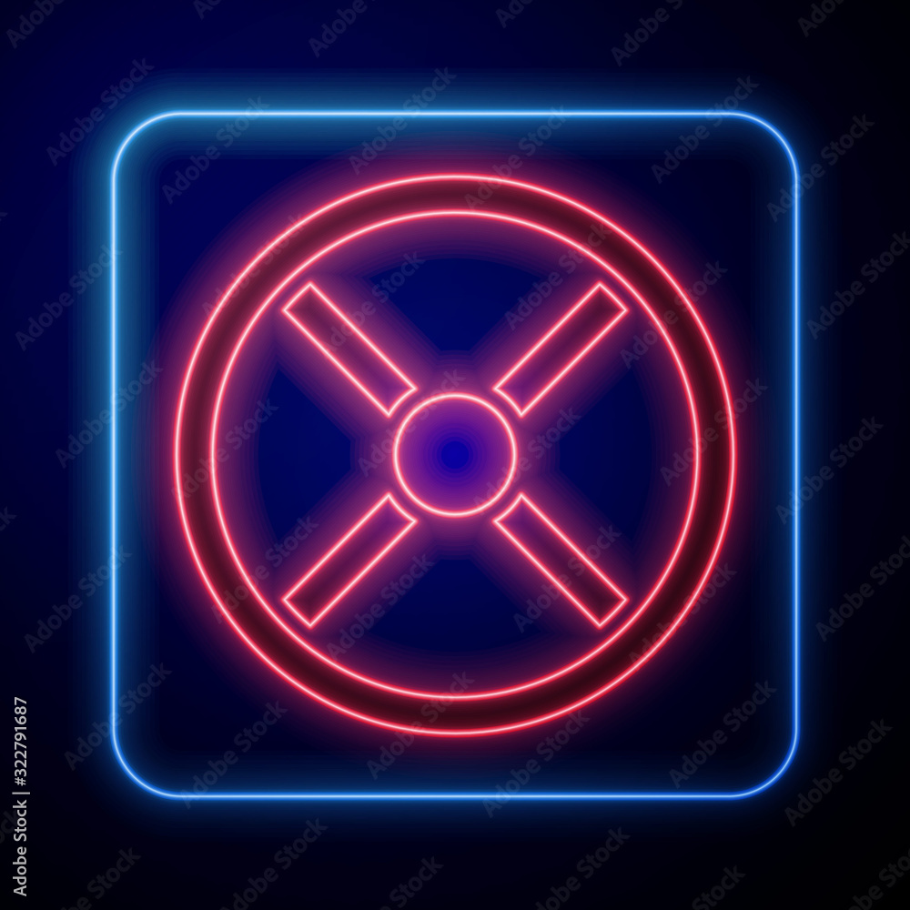 Glowing neon Industry valve icon isolated on blue background.  Vector Illustration