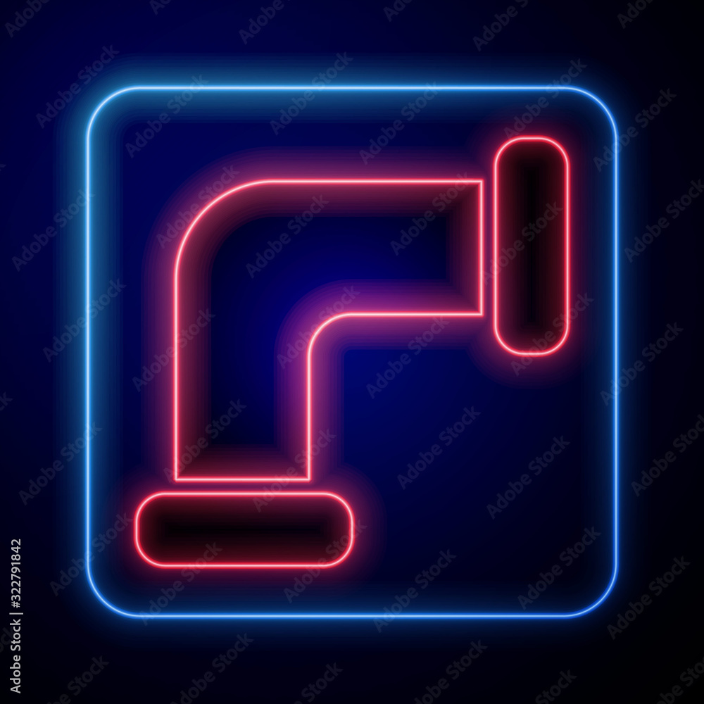 Glowing neon Industry metallic pipe icon isolated on blue background. Plumbing pipeline parts of dif