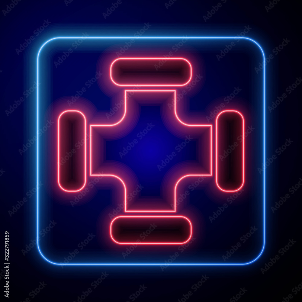 Glowing neon Industry metallic pipe icon isolated on blue background. Plumbing pipeline parts of dif