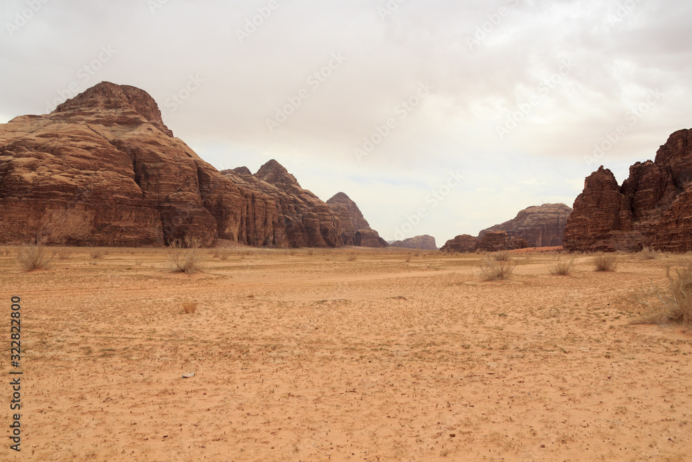 Wadi Rum desert panorama with dunes, mountains and sand, Jordan