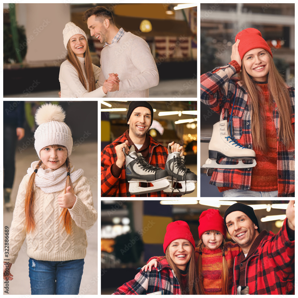 Collage of photos with happy family on skating rink