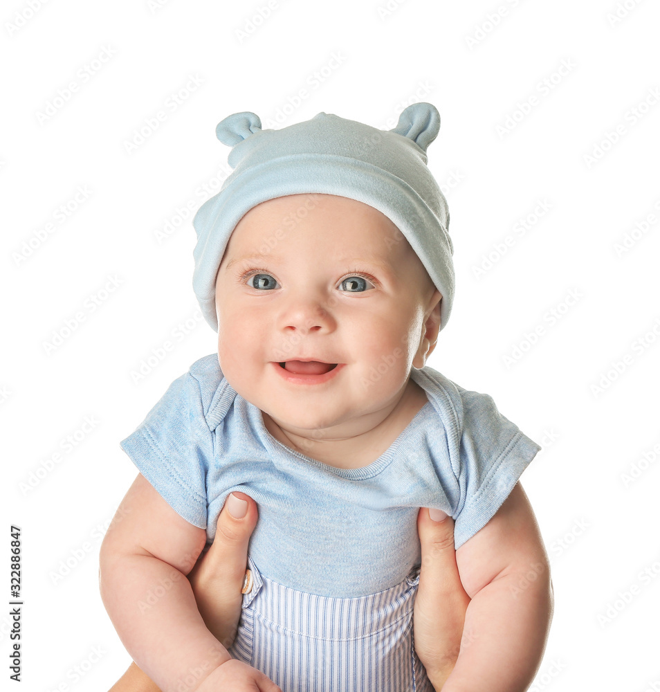 Portrait of cute little baby on white background