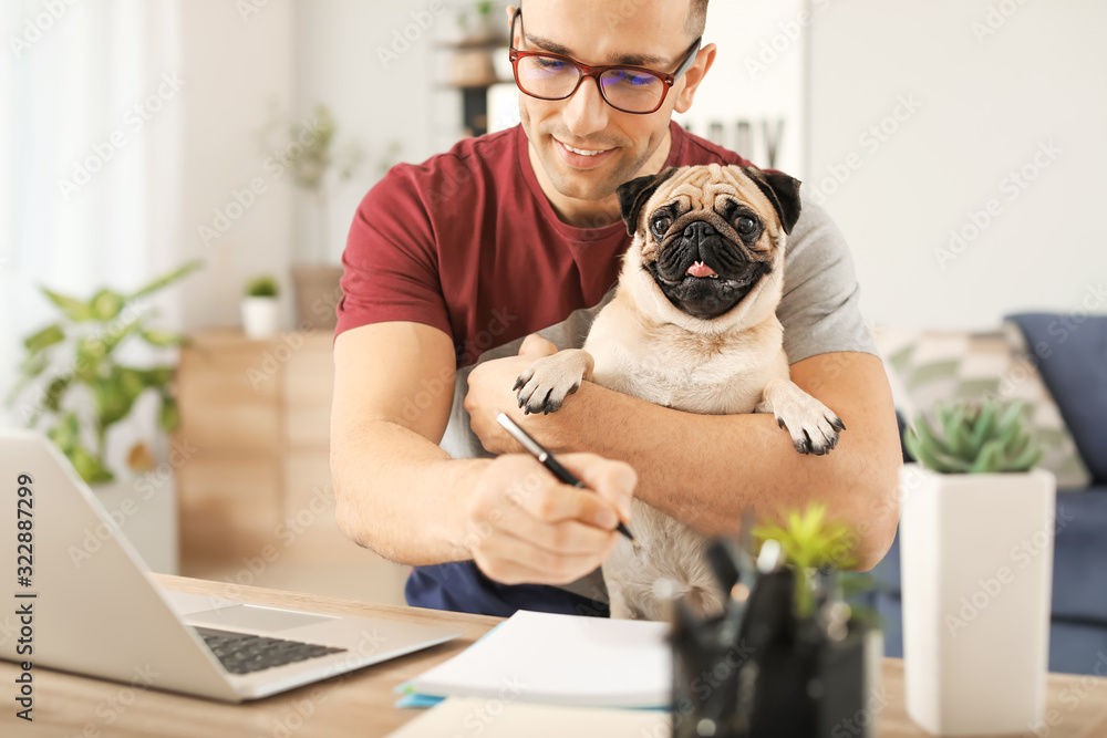 Handsome man with cute pug dog and laptop at home