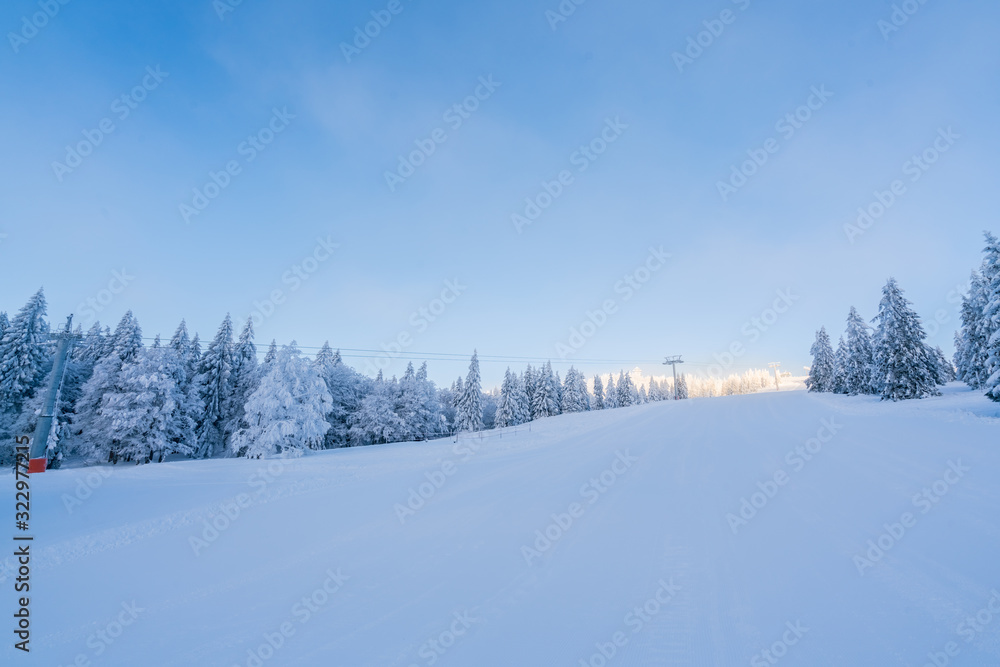 在晴朗的天气和蓝天的映衬下，冬季美丽的雪景