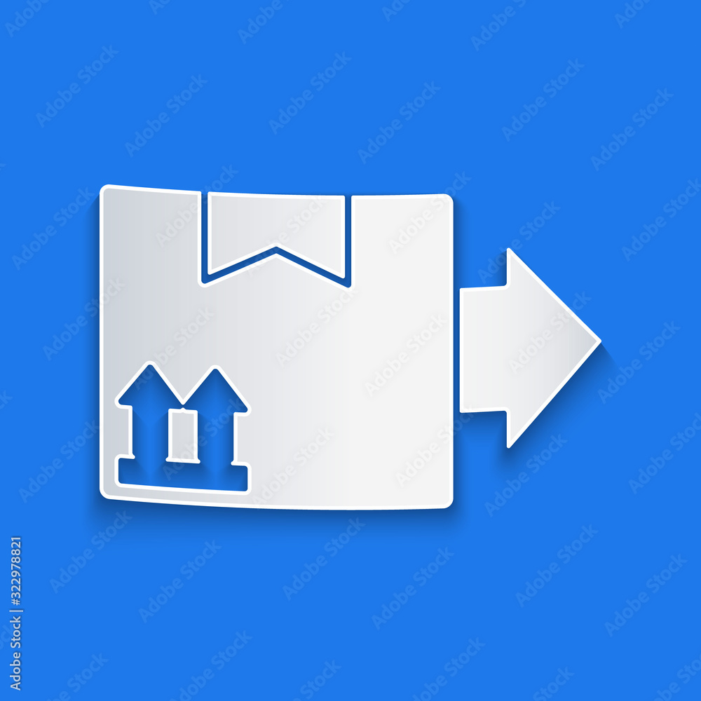 Paper cut Cardboard box with traffic symbol icon isolated on blue background. Box, package, parcel. 