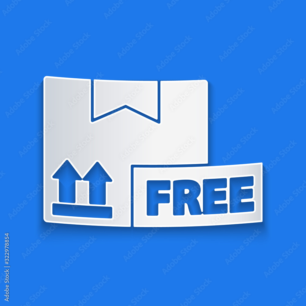 Paper cut Cardboard box with free symbol icon isolated on blue background. Box, package, parcel. Del