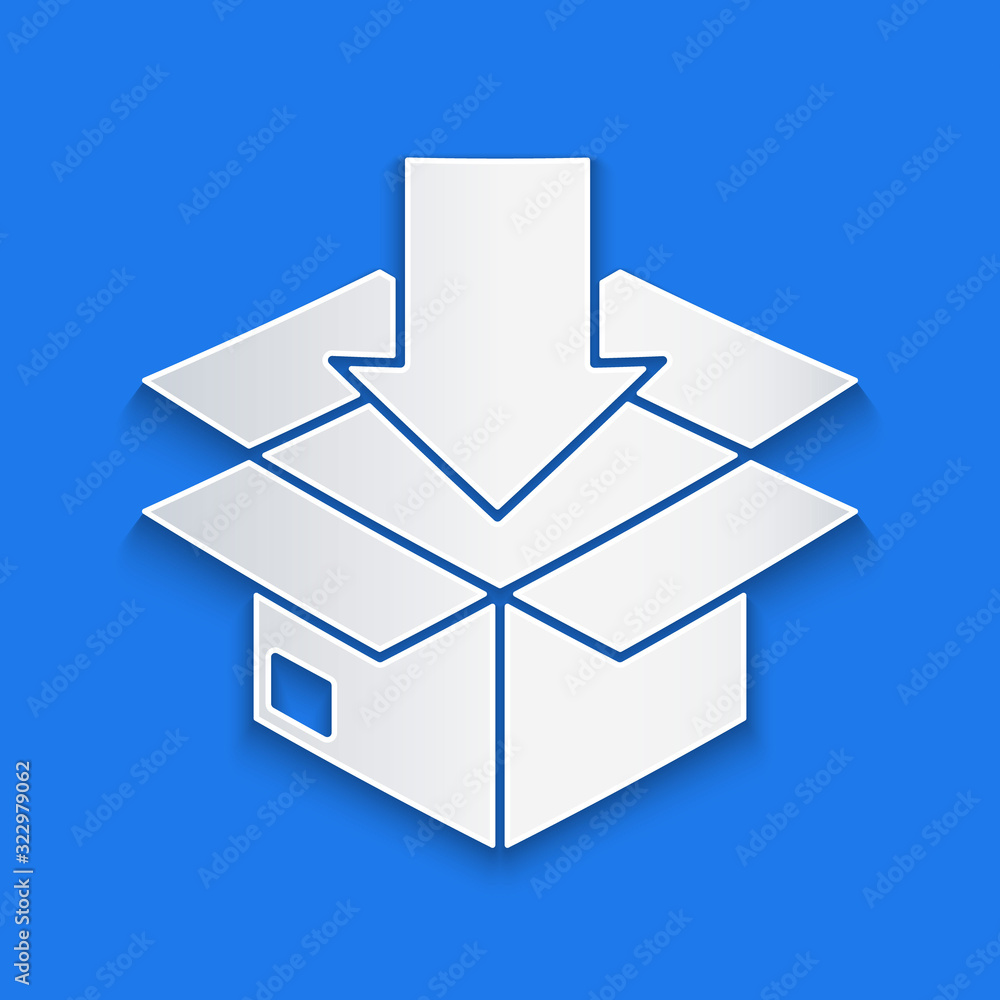 Paper cut Cardboard box with traffic symbol icon isolated on blue background. Box, package, parcel. 