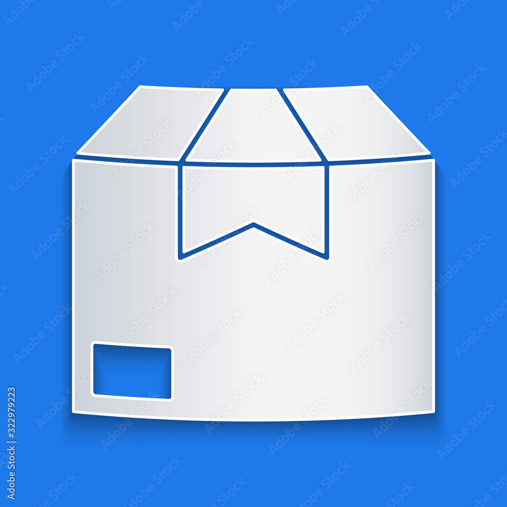 Paper cut Carton cardboard box icon isolated on blue background. Box, package, parcel sign. Delivery