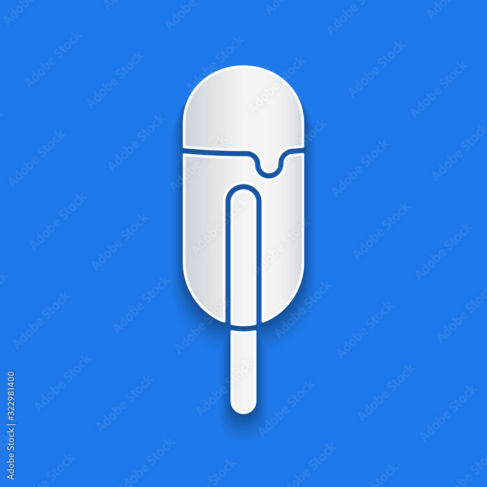 Paper cut Ice cream icon isolated on blue background. Sweet symbol. Paper art style. Vector Illustra