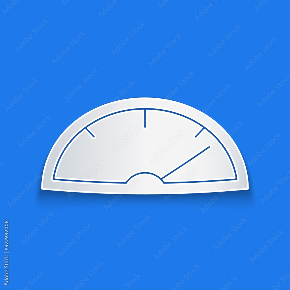 Paper cut Speedometer icon isolated on blue background. Paper art style. Vector Illustration