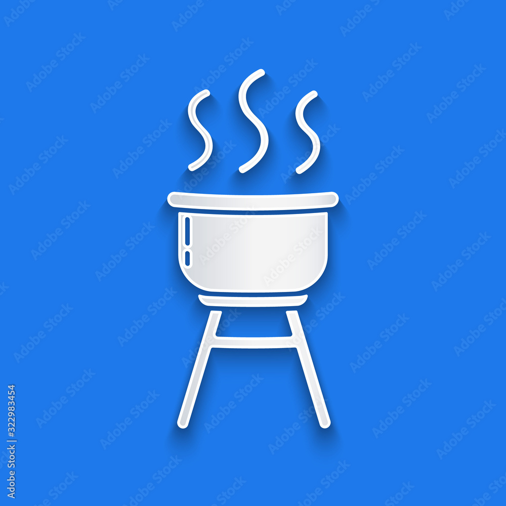 Paper cut Barbecue grill icon isolated on blue background. BBQ grill party. Paper art style. Vector 