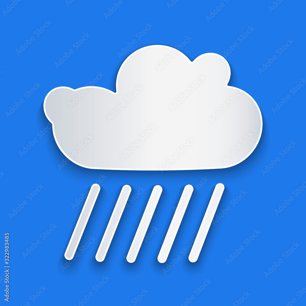 Paper cut Cloud with rain icon isolated on blue background. Rain cloud precipitation with rain drops