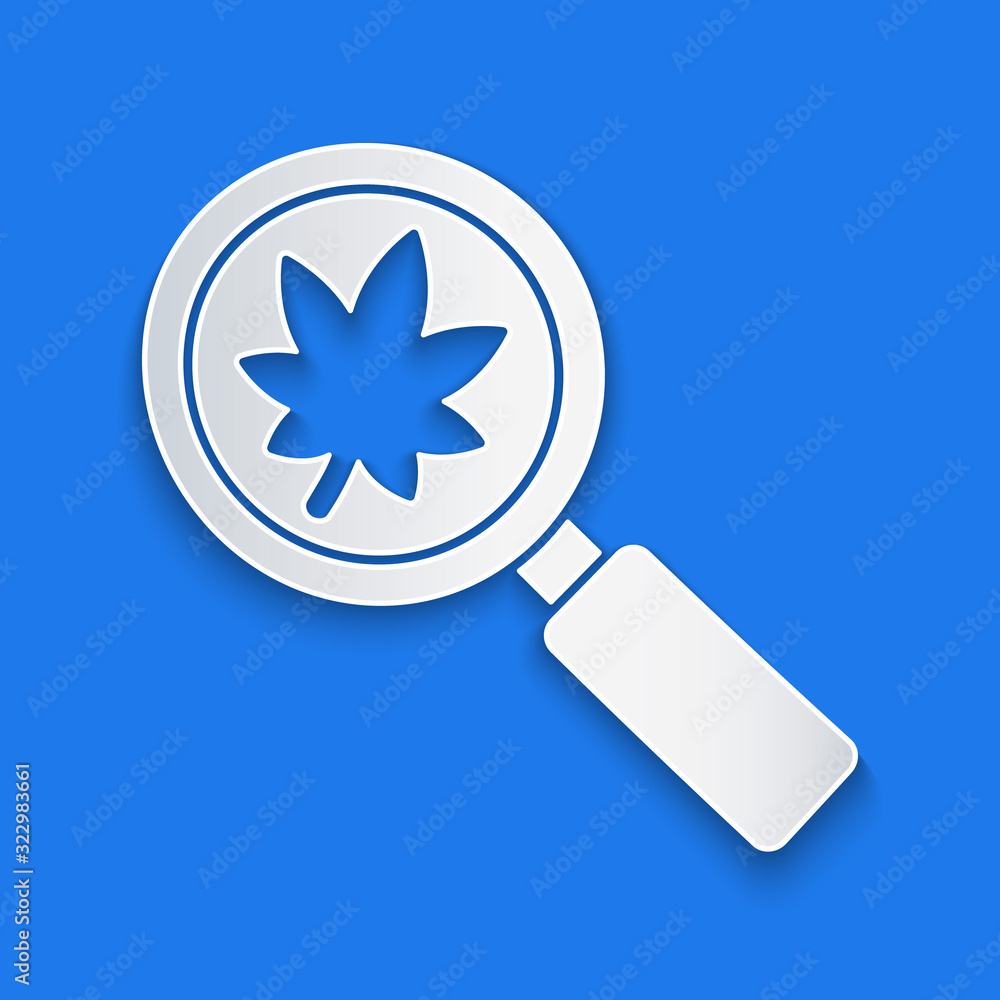 Paper cut Magnifying glass with leaf icon isolated on blue background. Scientific biology, study nat