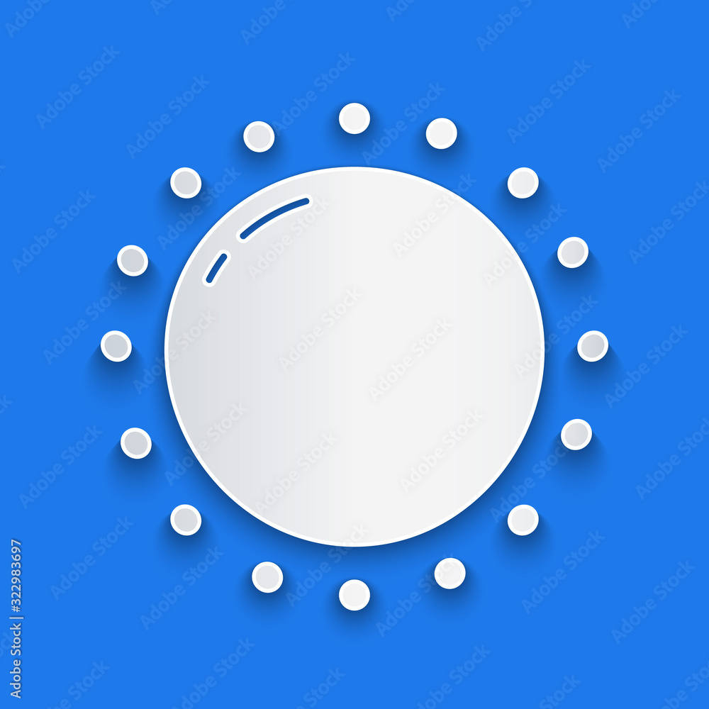 Paper cut Sun icon isolated on blue background. Summer symbol. Good sunny day. Paper art style. Vect