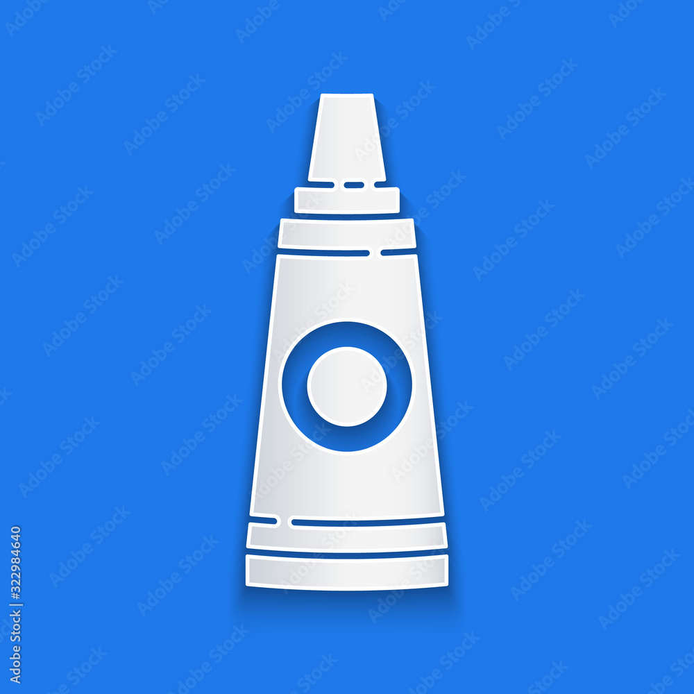 Paper cut Tube with paint palette icon isolated on blue background. Paper art style. Vector Illustra