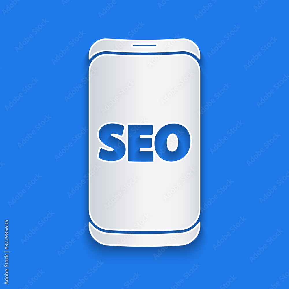 Paper cut Mobile phone SEO optimization concept icon isolated on blue background. Paper art style. V