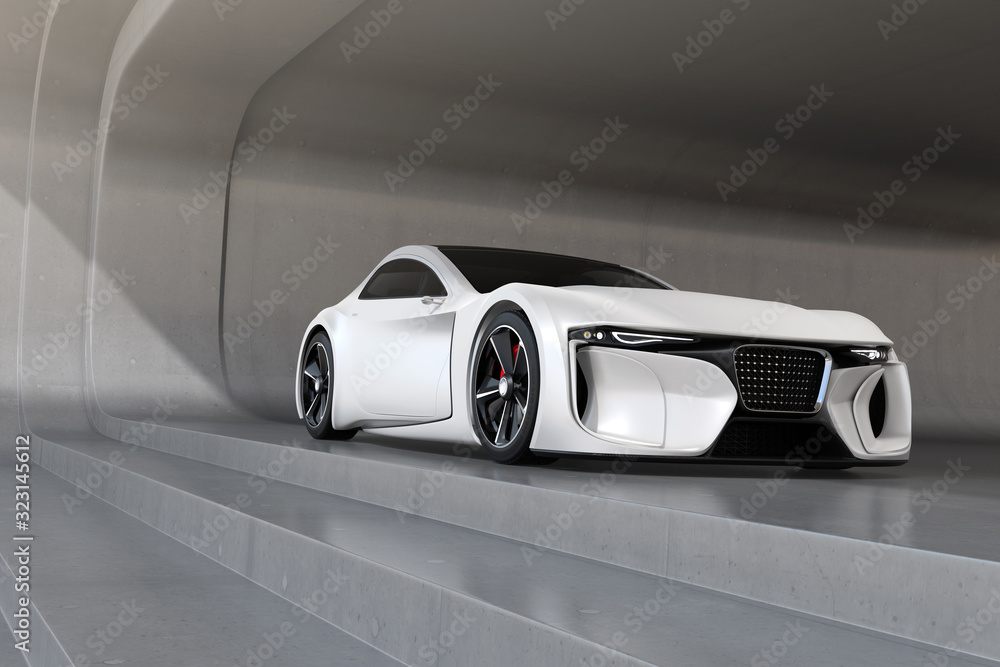 Silver electric sports coupe parking in a modern space. 3D rendering image. Original design.