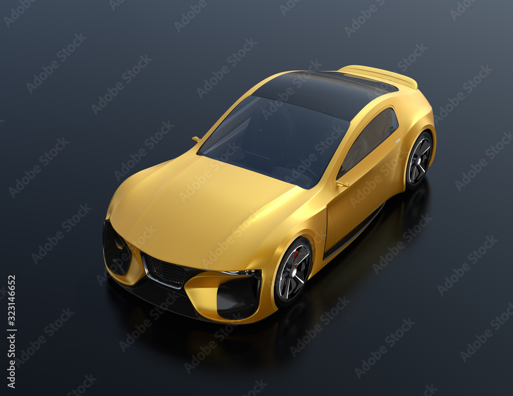 Yellow paint electric powered sports coupe on black background. 3D rendering image. 