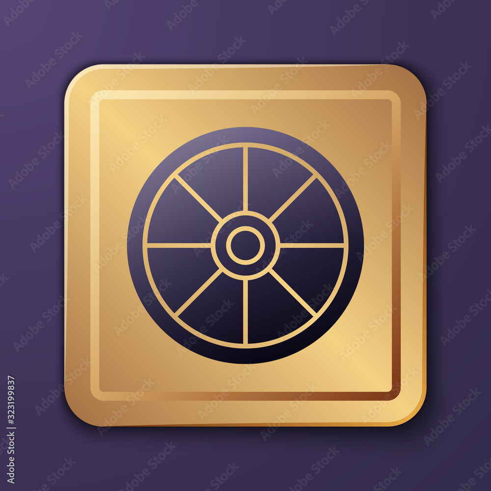 Purple Old wooden wheel icon isolated on purple background. Gold square button. Vector Illustration